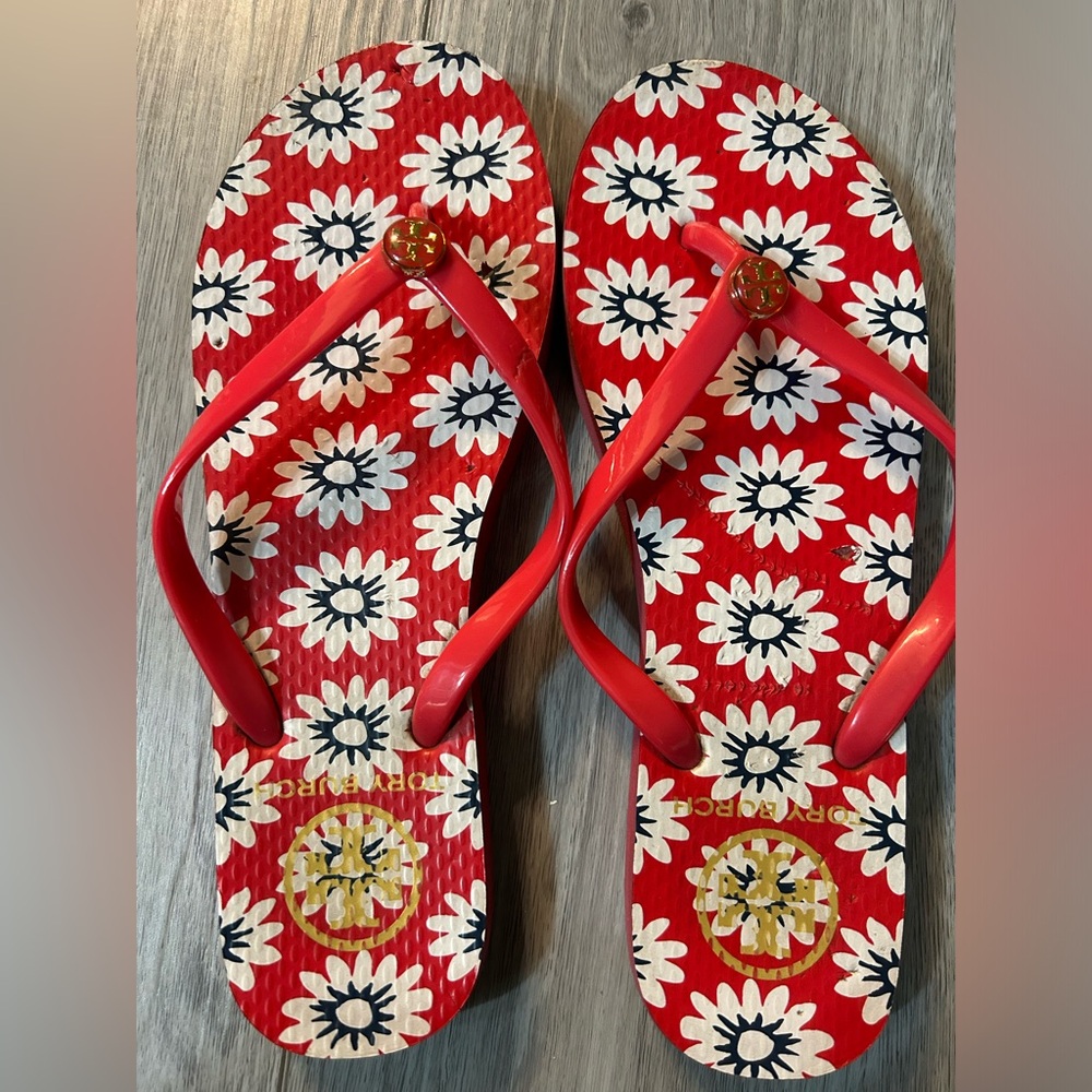 Tory Burch Red Floral Flip Flops